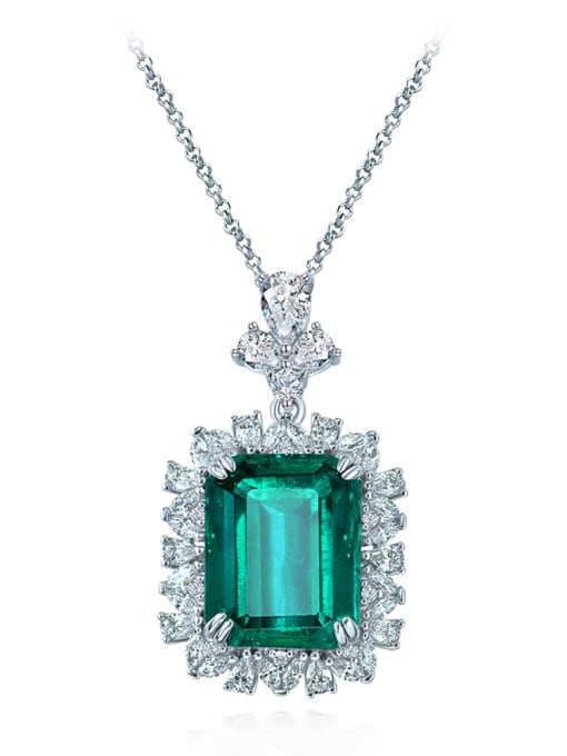 Synthetic emerald [P 2369] 925 Sterling Silver High Carbon Diamond Green Geometric Dainty Necklace